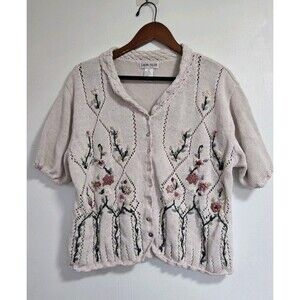 VTG Laura Tyler Sweater Womens L Crochet Heritage Floral Cottagecore Grandma
